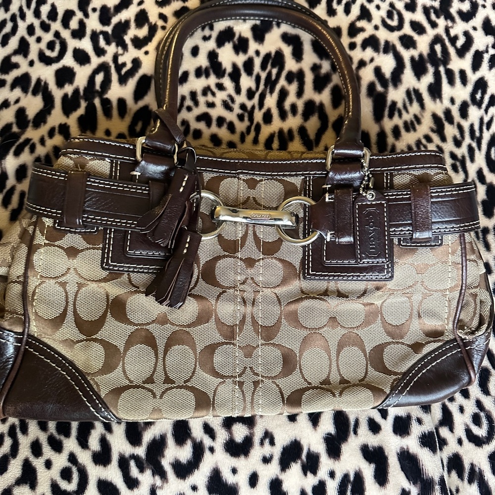 Coach Brown Satchel with Signature Monogram and Leather Accents